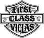 A black and white graphic emblem featuring the words 'FIRST CLASS VIEAS' in a stylized gothic font, arranged within a shield-like border.